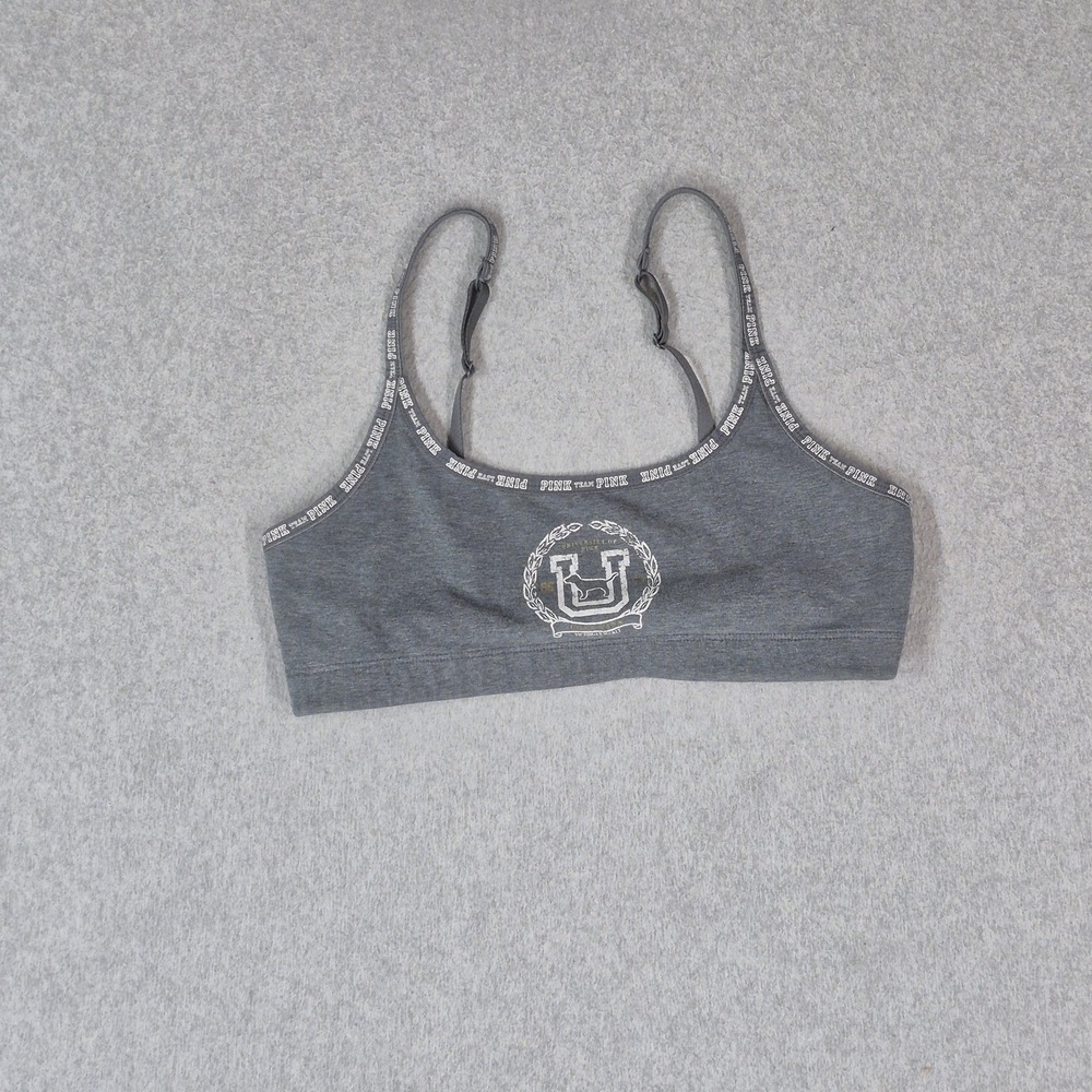 PINK Women Sports Bra Small Gray TEAM Wireless Jersey Strap Adjustable Pullover